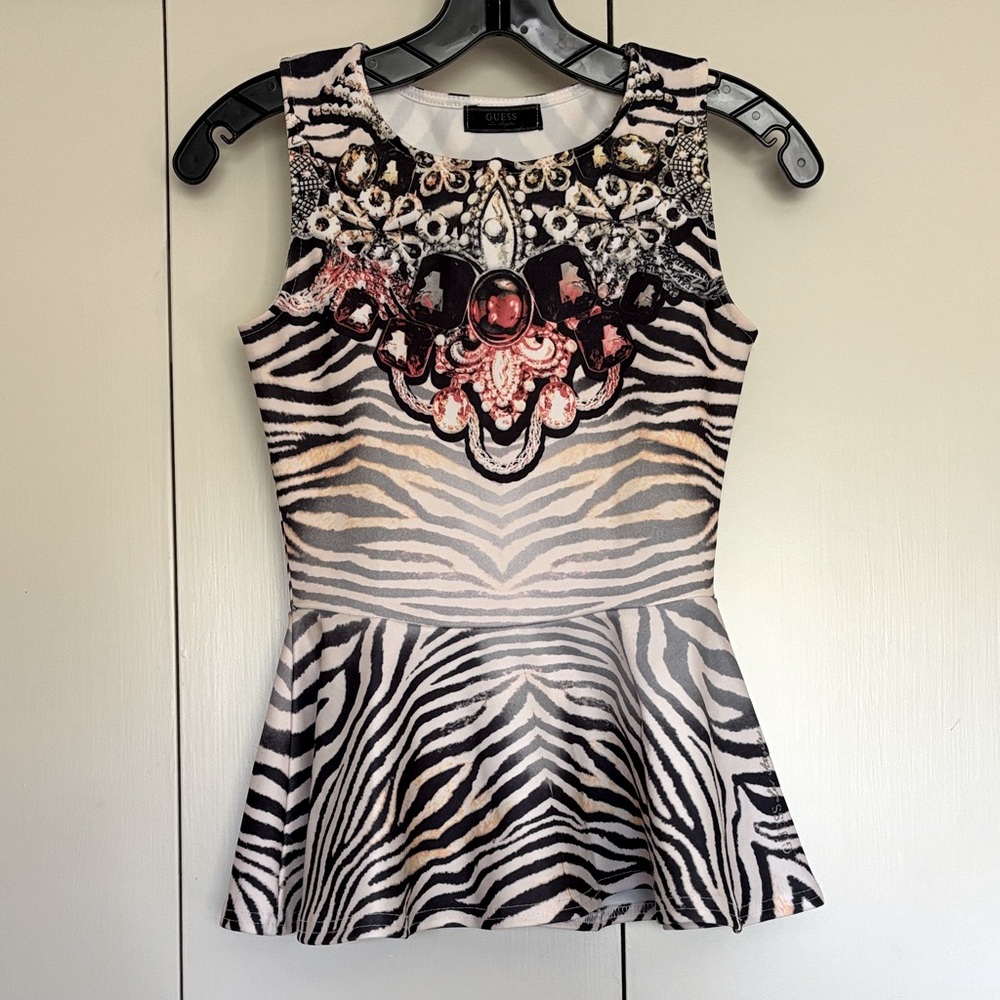 Guess Black and White Zebra Print Peplum Top
